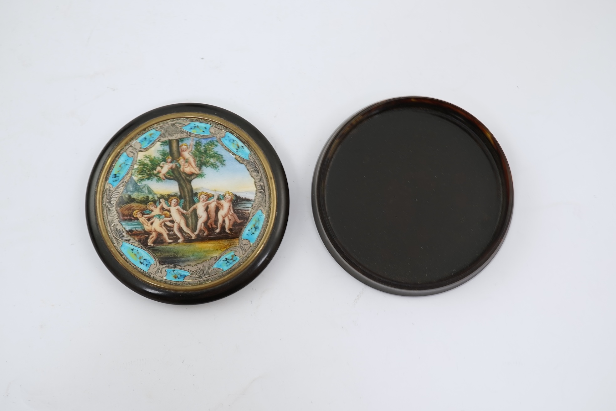 A 19th century Italian? silver and enamel mounted circular tortoiseshell box and cover